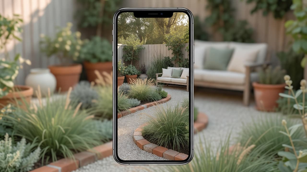 Primeiro plano de um app de design de jardim com IA grátis mostrando o novo projeto fotorrealista de um pequeno quintal suburbano