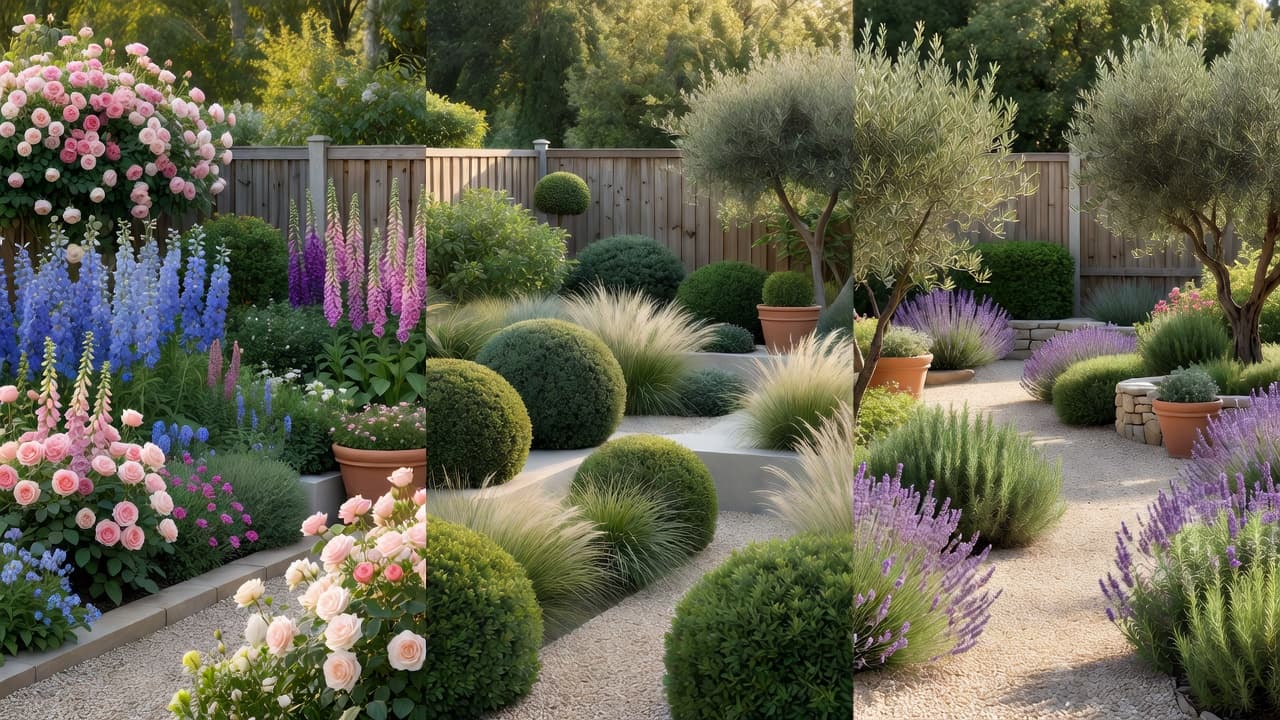 O mesmo quintal mostrado em três estilos por um app de design de jardim com IA grátis: cottage, moderno e mediterrâneo