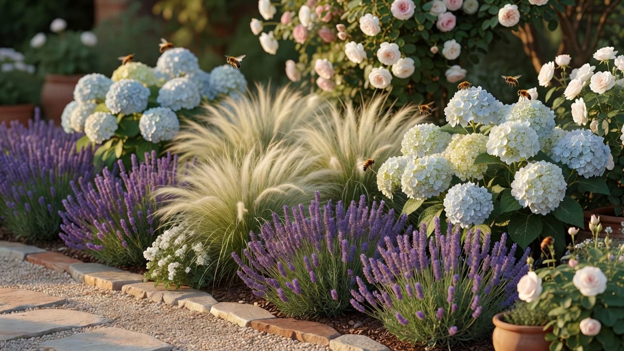 Um plano de plantio de um app de design de jardim com IA grátis na vida real: um canteiro em camadas de lavanda, gramíneas ornamentais e hortênsia sob luz quente