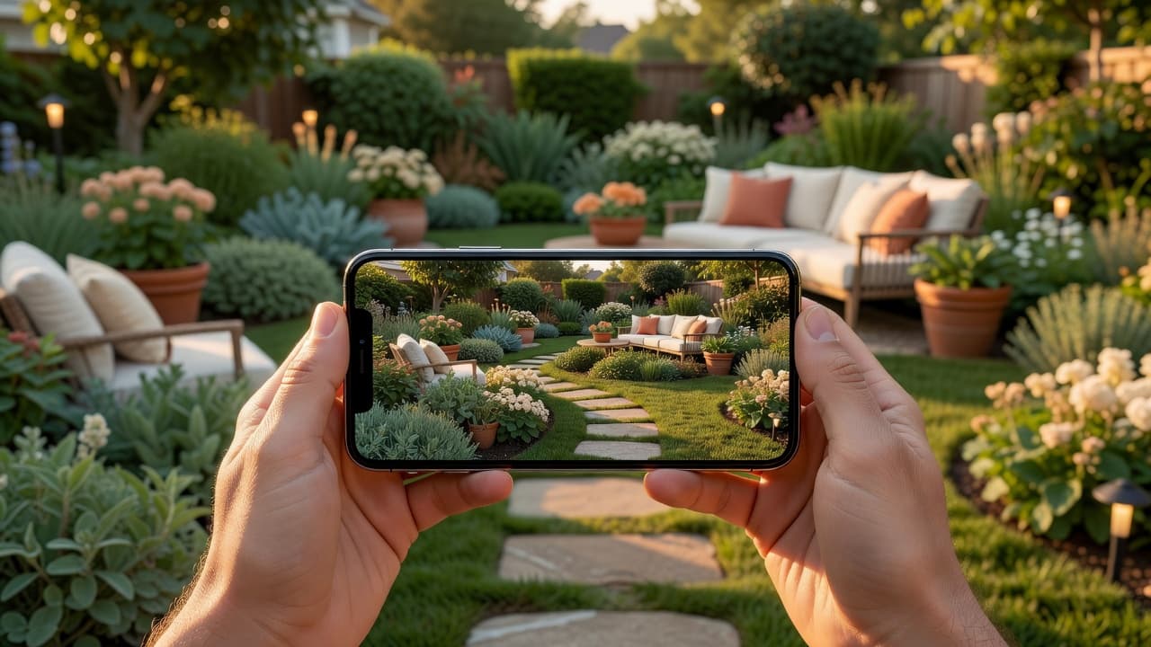 A free AI garden design app open on a phone held in front of a real backyard, the screen showing a photorealistic garden redesign
