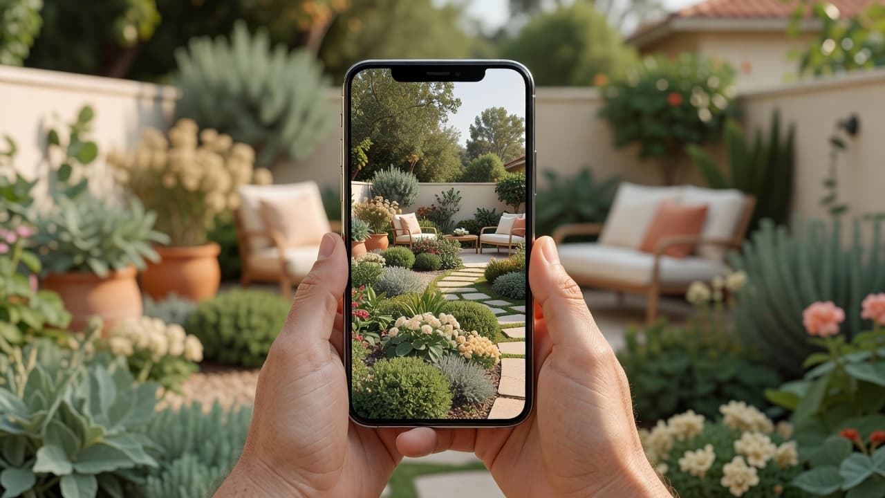 A garden design app for Android open on a phone held in front of a real backyard, the screen showing a photorealistic garden redesign