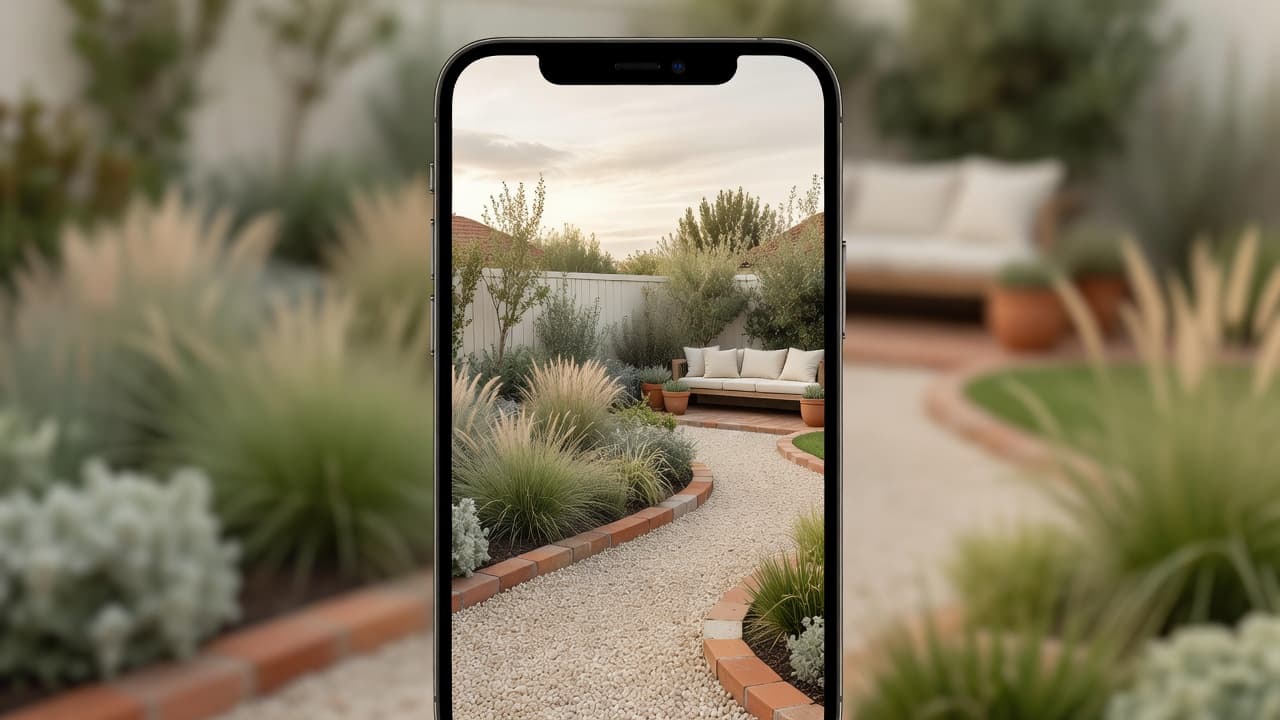 Close-up of a garden design app for iPhone showing a photorealistic redesign of a small suburban backyard with layered planting