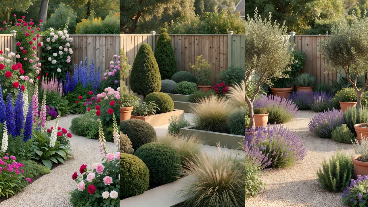 The same backyard shown in three garden styles by a garden design app for iPhone: cottage, modern and Mediterranean