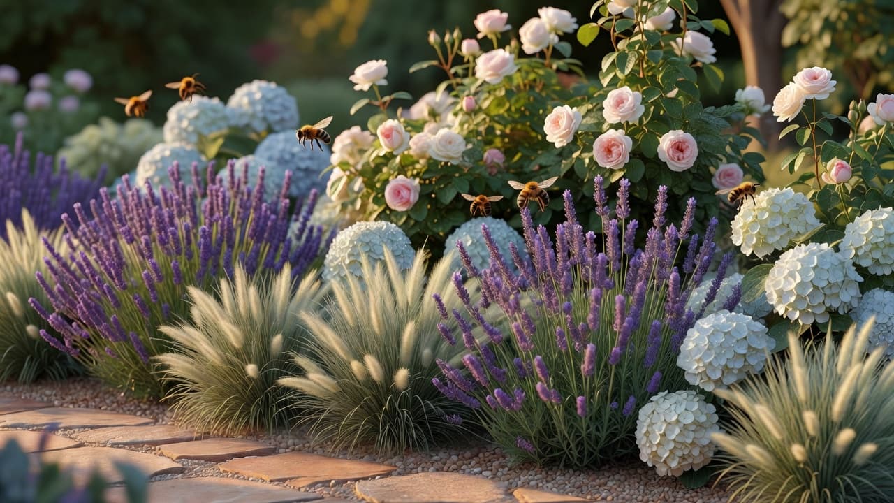 A garden design app for iPhone planting plan brought to life: a layered border of lavender, ornamental grasses and hydrangea in warm daylight