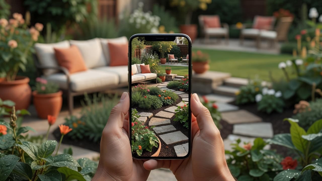 A garden design app for iPhone open on a phone held in front of a real backyard, the screen showing a photorealistic garden redesign