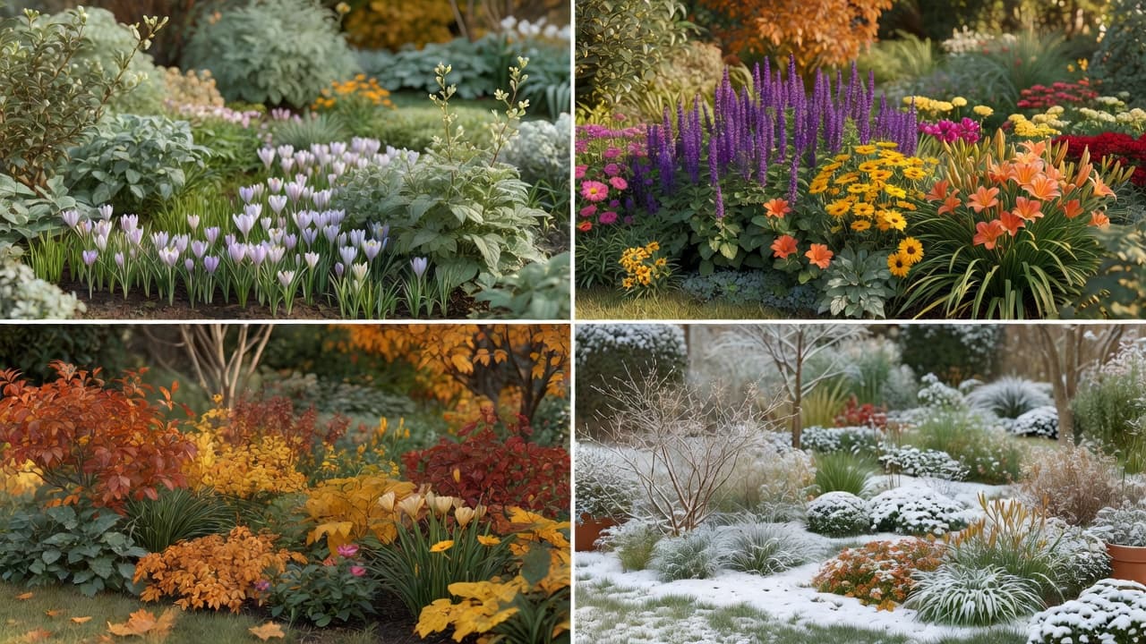 Uma grade de quatro imagens mostrando o mesmo canteiro na primavera, verão, outono e inverno