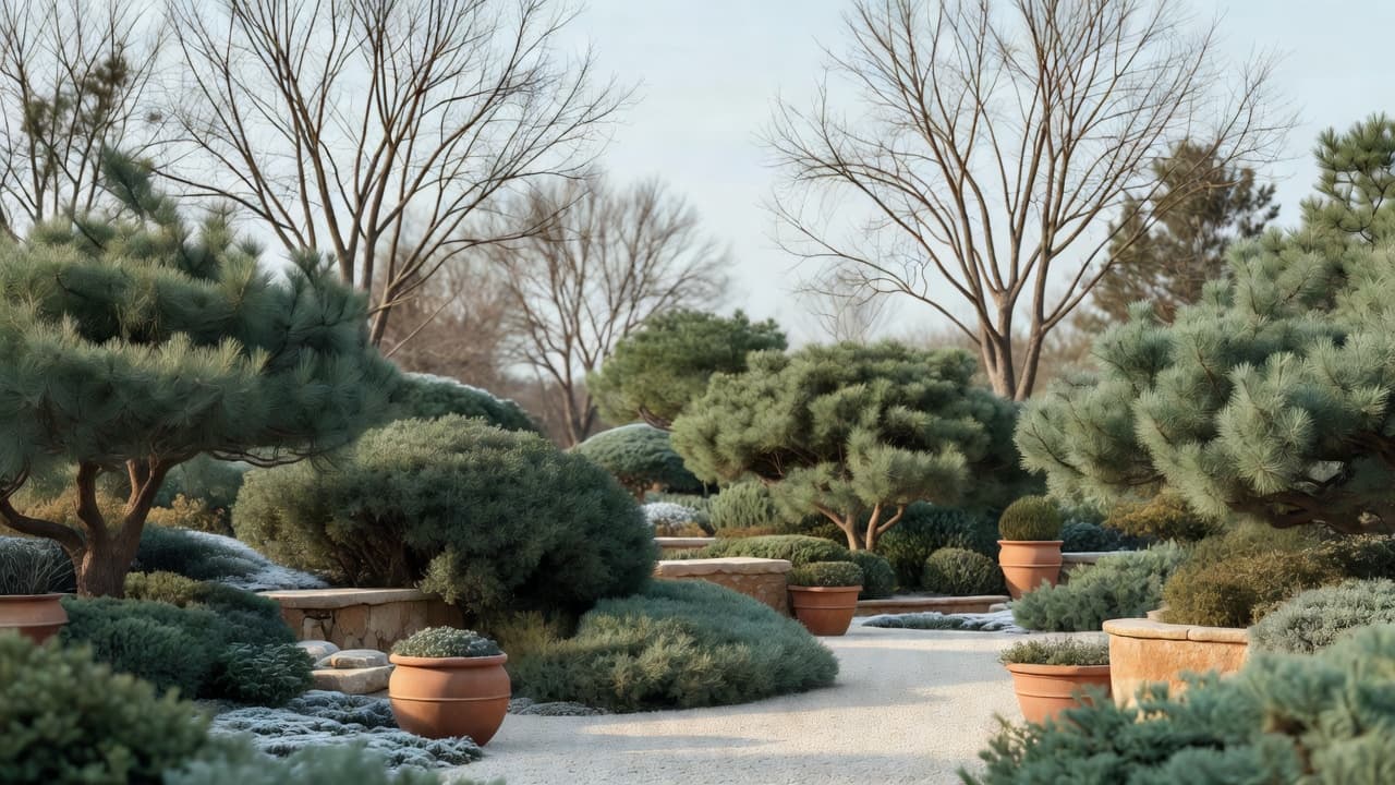 Um jardim no inverno mostrando estrutura perene, silhuetas de árvores nuas e piso sustentando o design