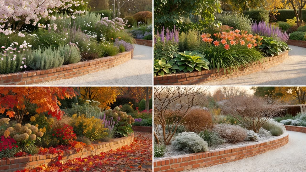 Four versions of the same garden design shown across spring, summer, autumn and winter