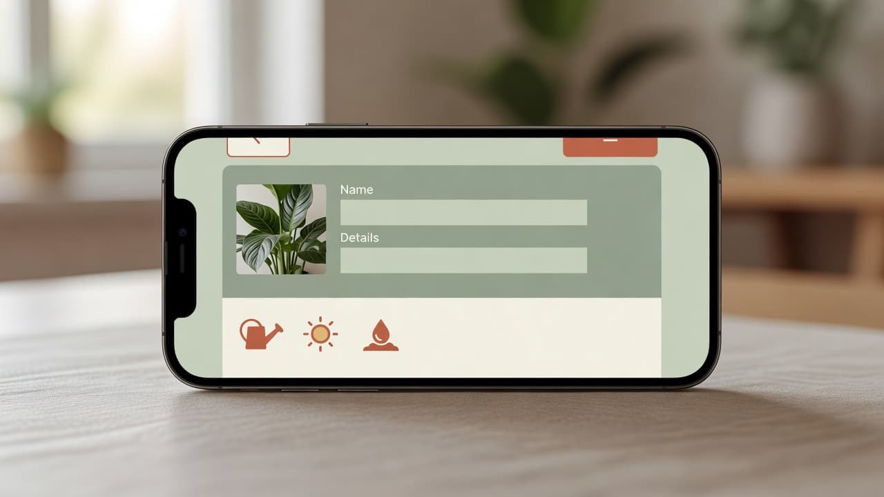 Close-up of a smartphone screen showing a plant identification result with common name and care details