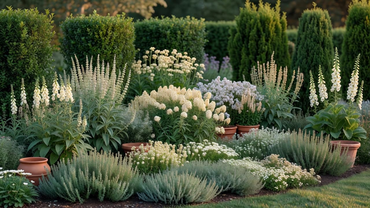 A layered garden border with structure planting, mid-height perennials and ground cover, each labelled conceptually by height