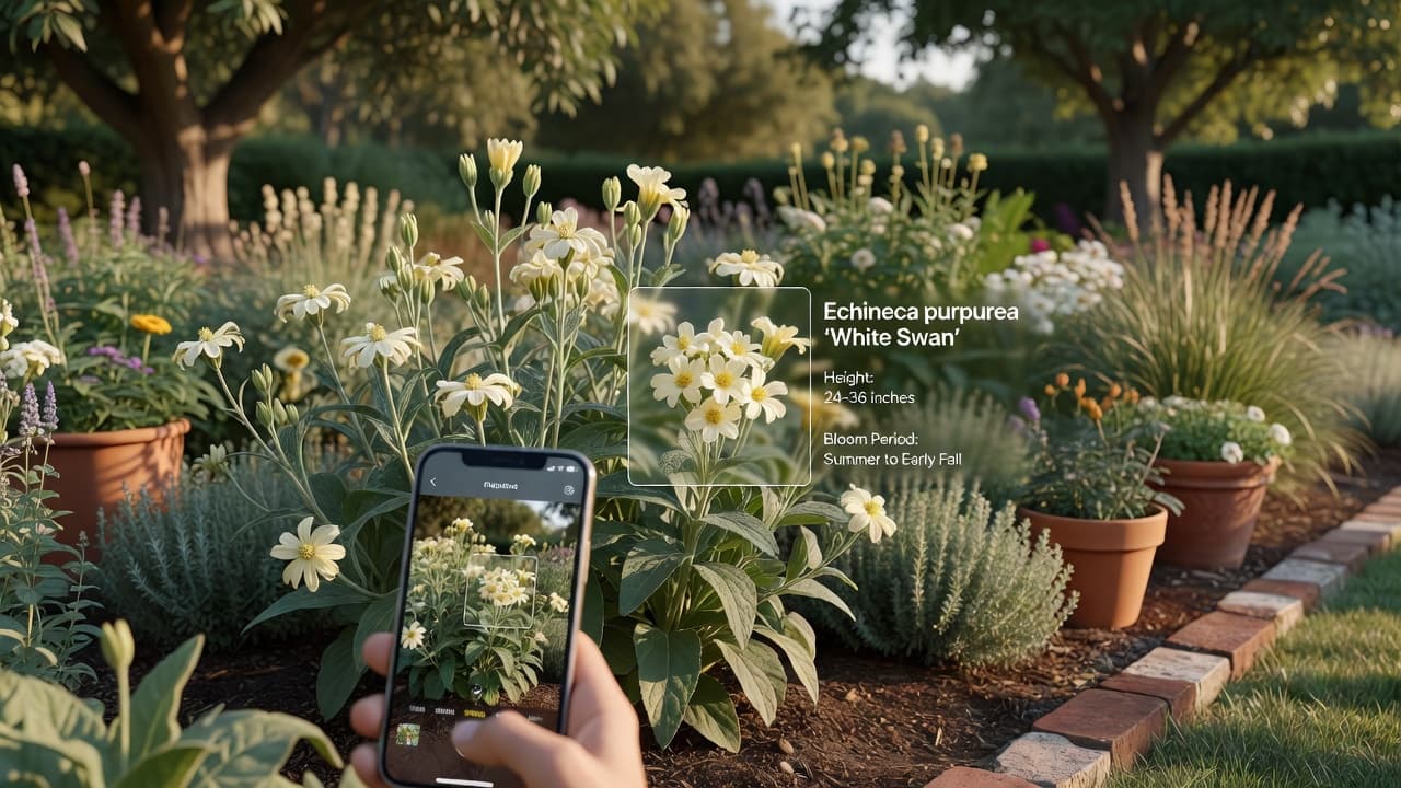 A phone camera pointed at a flowering plant in a garden border, identifying it in a garden design app