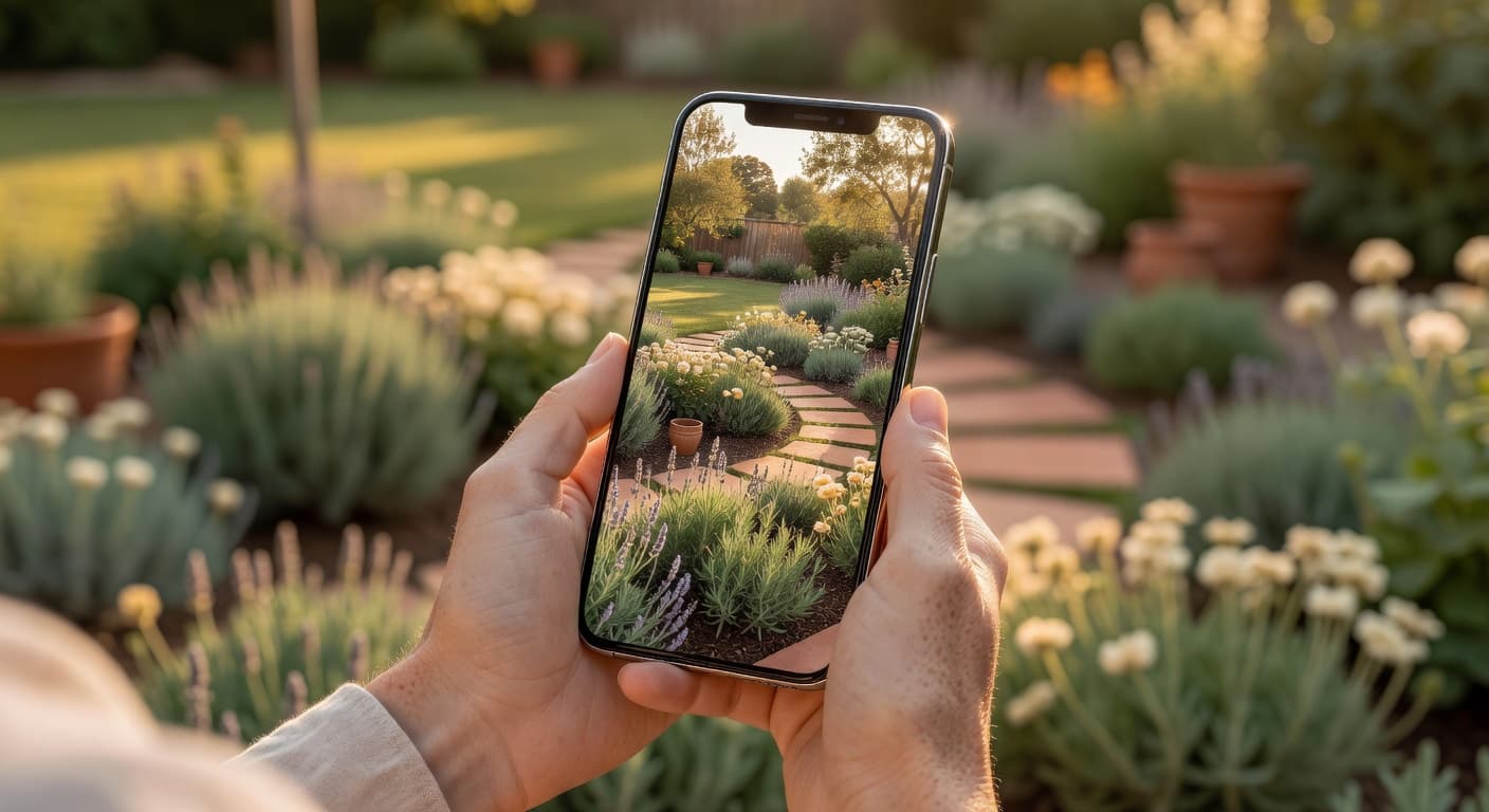 Nahaufnahme von Händen, die in einem Hinterhof ein Handy halten, das ein fotorealistisches KI-Gartendesign desselben Gartens zeigt
