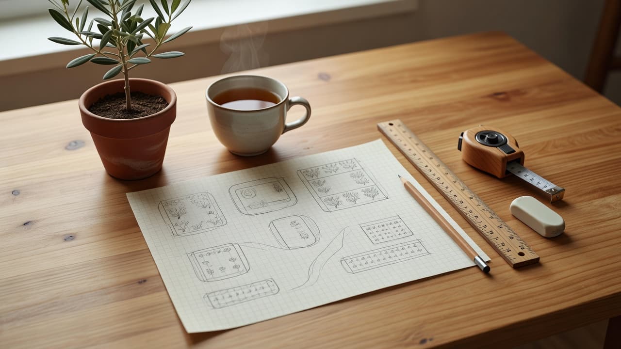 Ein leerer Gartenplan auf Millimeterpapier mit Bleistift, Lineal und Maßband, der den langsameren Weg von Grund auf zeigt