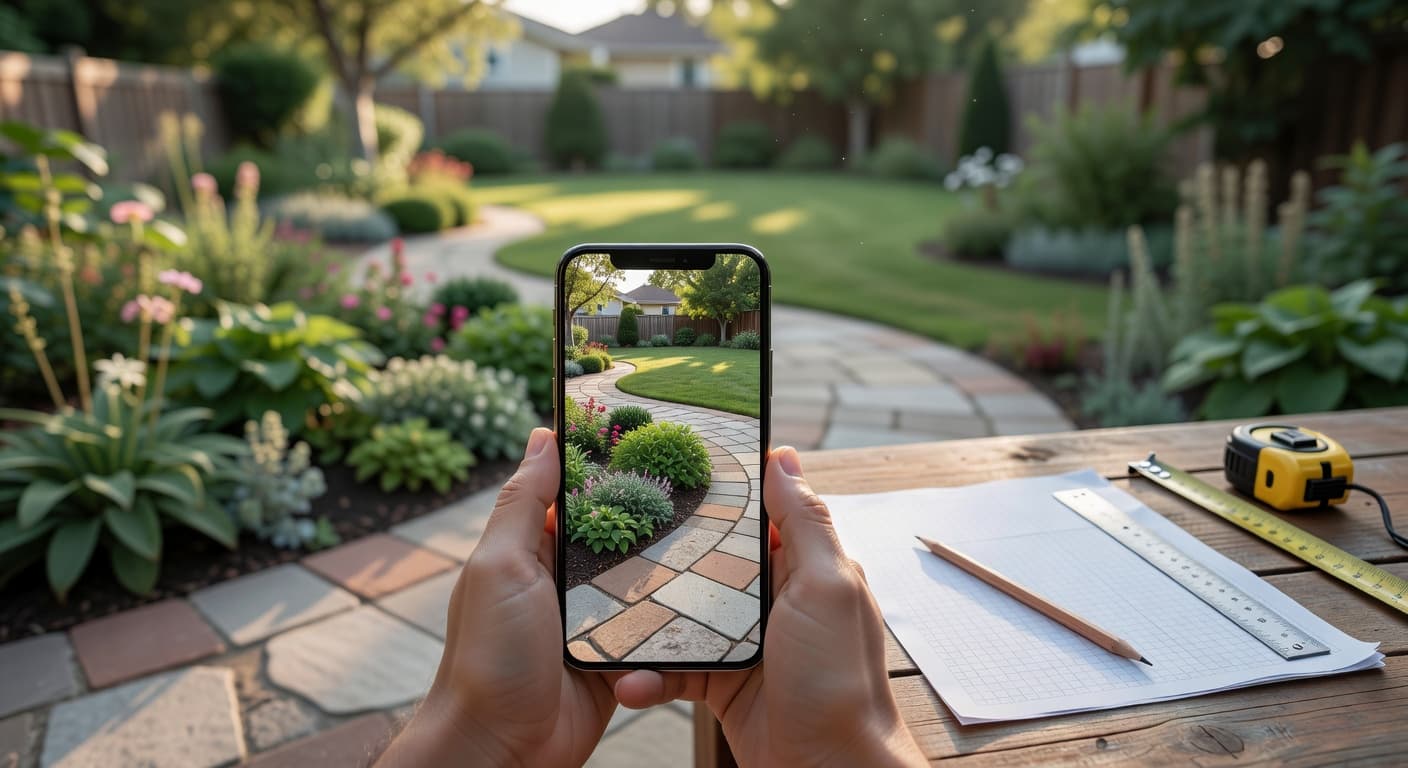 A phone showing an AI garden design held in front of a real backyard, next to a blank garden plan on graph paper