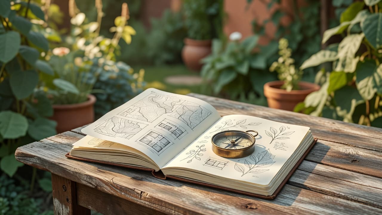 A notebook and compass on an outdoor table used to track sun, shade and soil conditions in a beginner garden