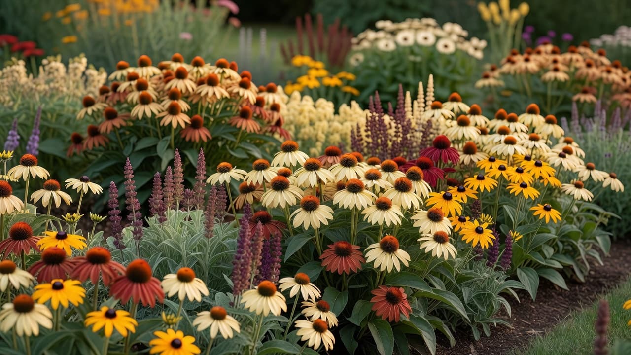 A beginner-friendly border of coneflower, black-eyed Susan and salvia repeated in drifts, showing easy plants for a first garden