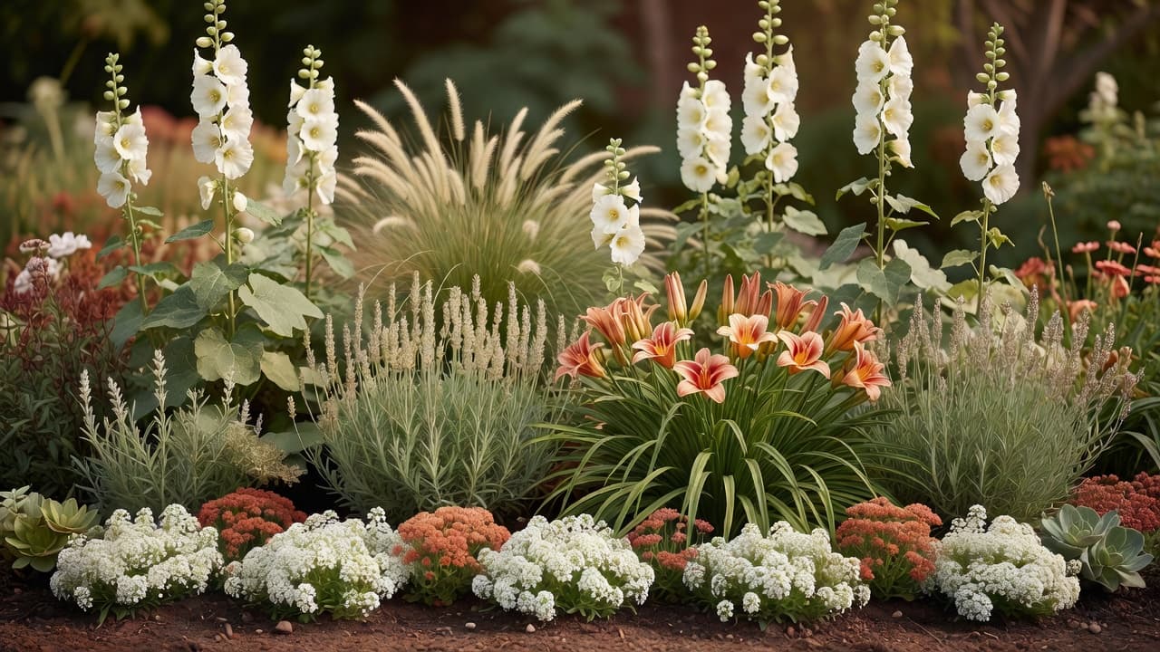 A beginner garden border laid out in three height layers — tall plants at the back, medium perennials in the middle, low edging plants at the front