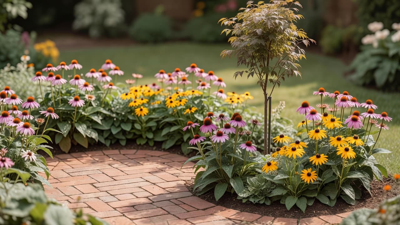 A simple, tidy beginner garden with a small paved seating area, a repeated border of easy perennials and a single young tree