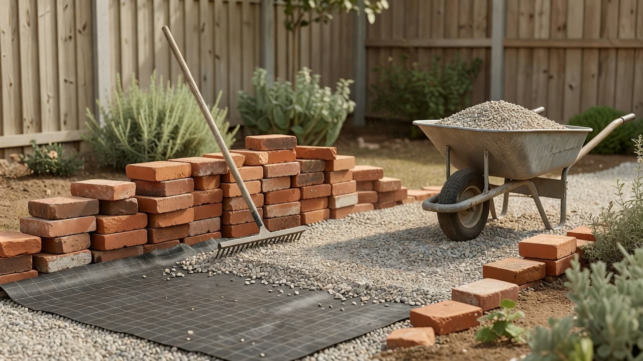 A DIY gravel path and reclaimed brick edging being laid in a budget garden makeover