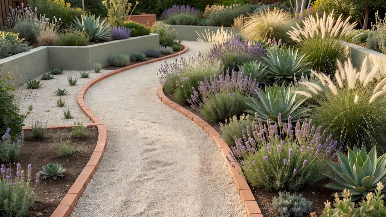 A budget garden redesign shown in phases, from gravel and hard landscaping to full planting a year later