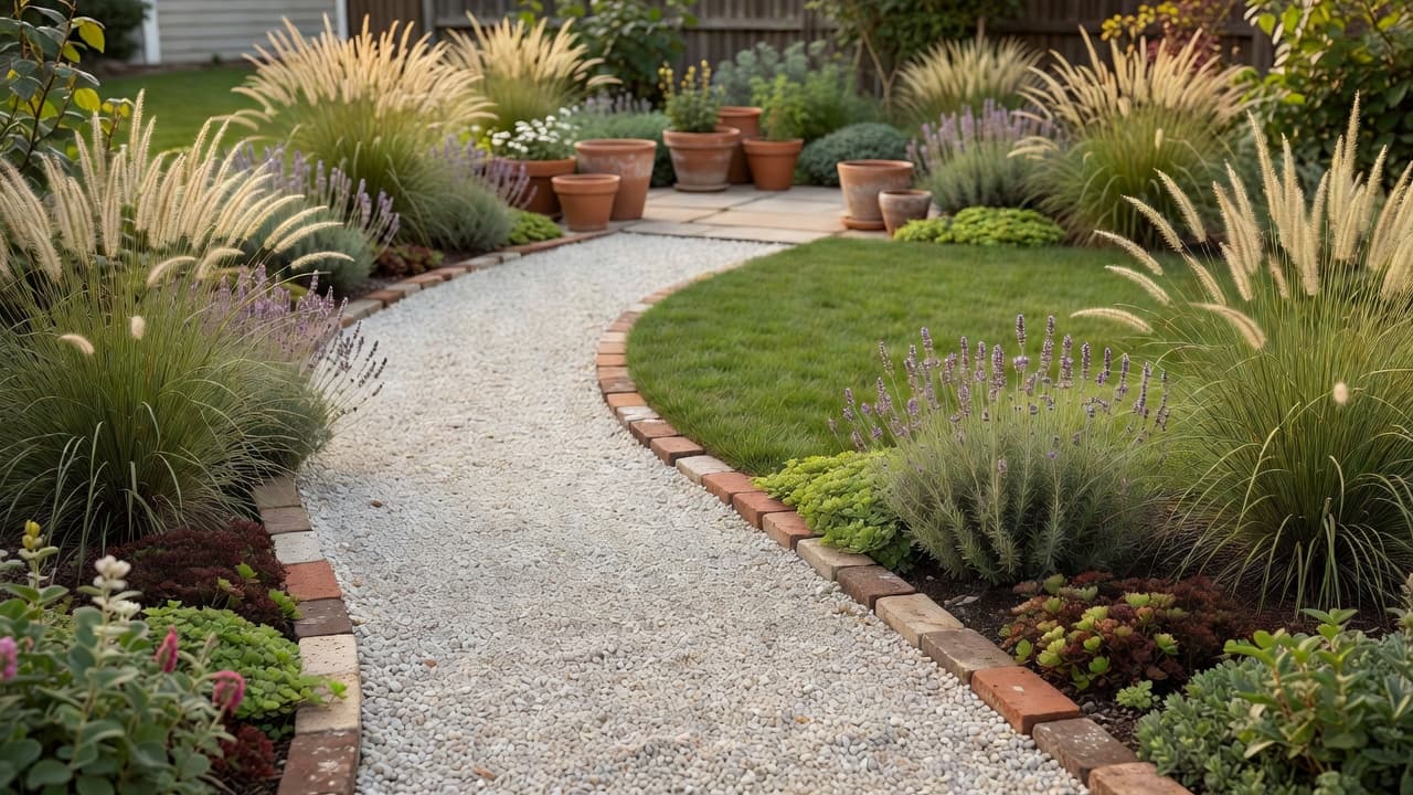 Garden design on a budget: a small backyard with a DIY gravel path, reclaimed edging and repeated drought-tolerant planting