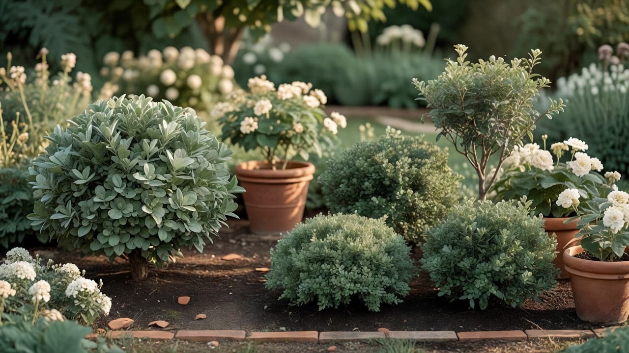 An asymmetrical garden border balanced by a large shrub on one side and three smaller grouped plants on the other