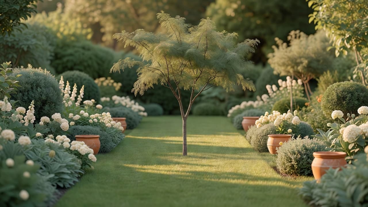 A single ornamental tree as a garden focal point at the end of a lawn, framed by simpler planting on either side