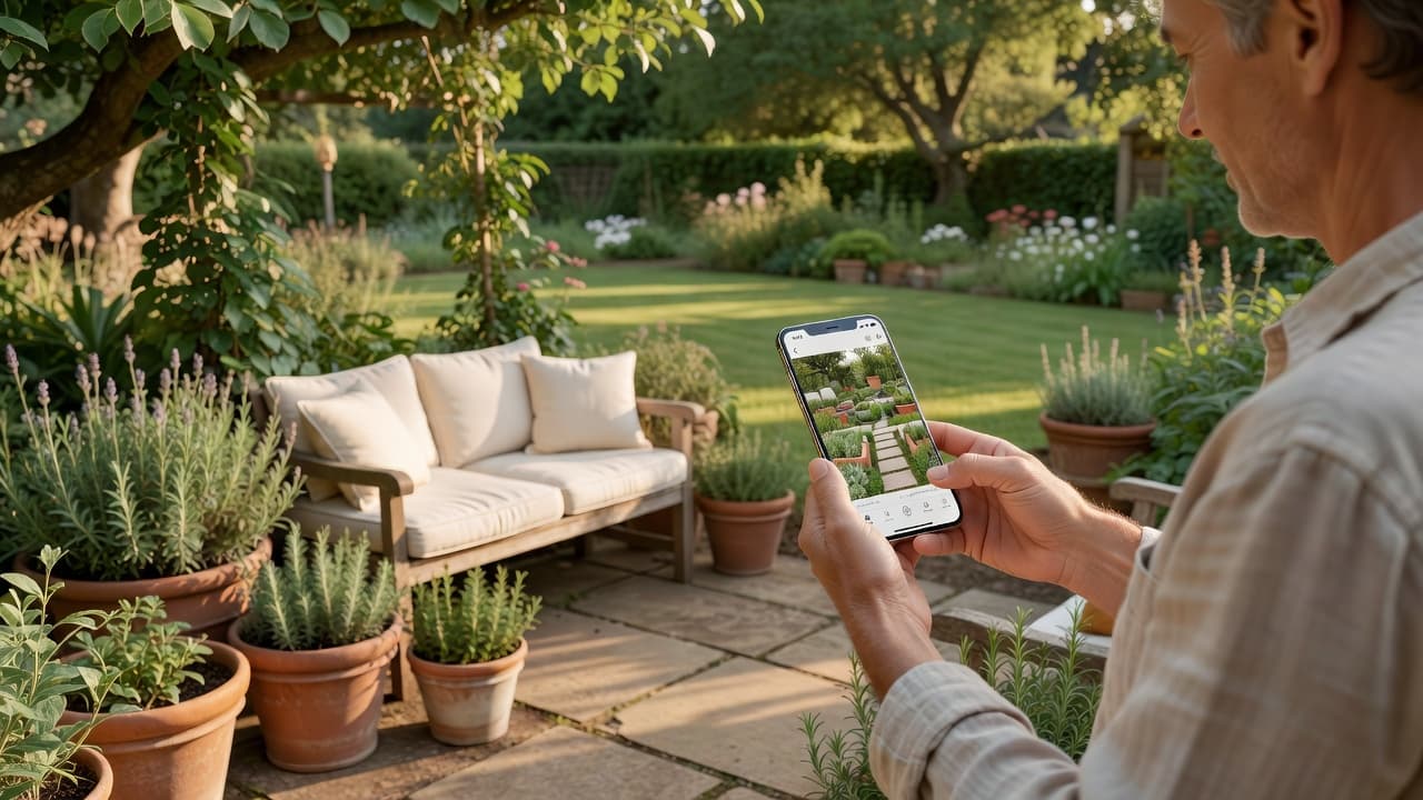 A homeowner holding a phone showing an AI garden design redesign next to their real garden, checking proportion and focal point