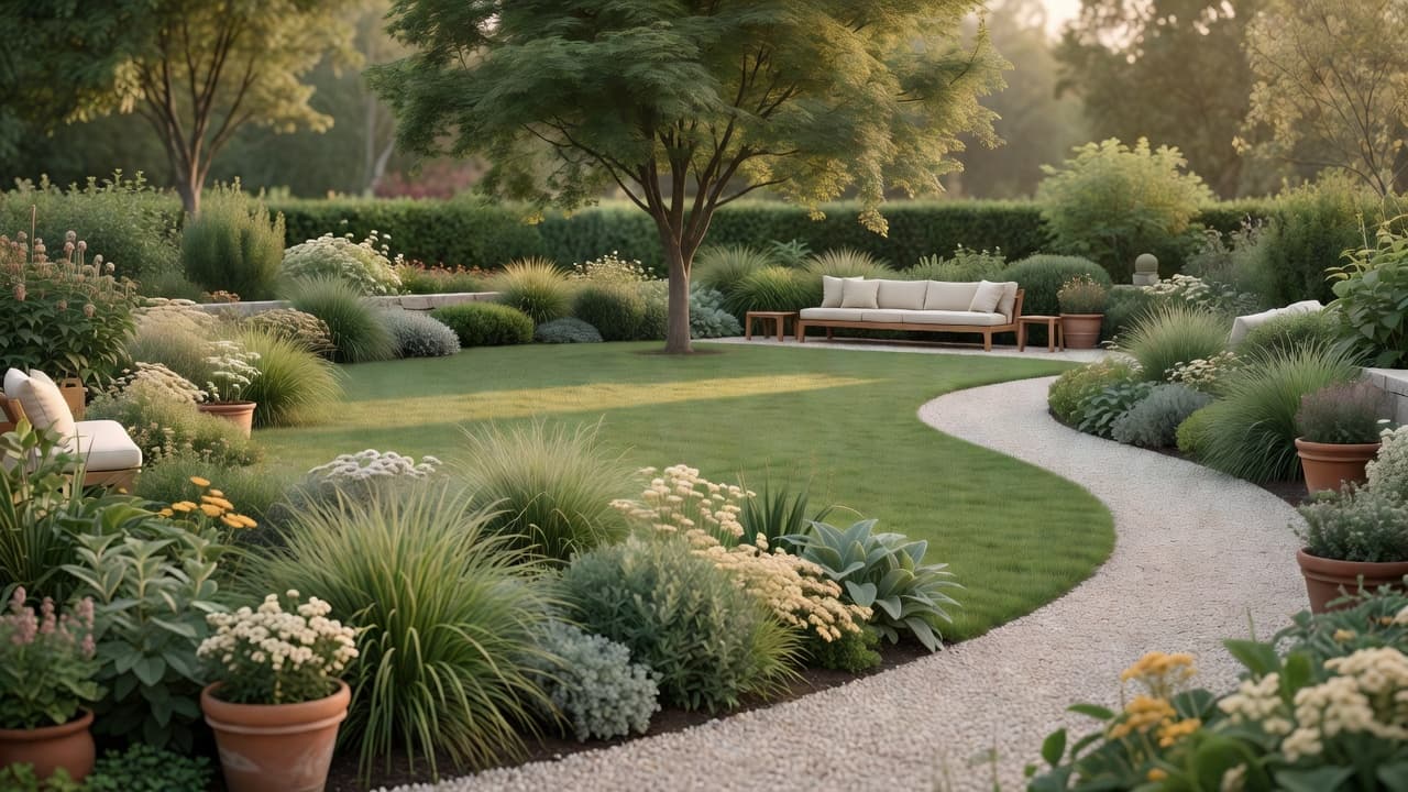 A calm suburban backyard with a clear focal point, repeated planting and a balanced layout, illustrating garden design principles