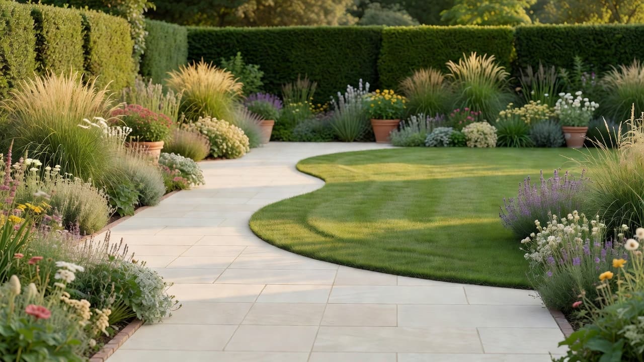 Ein gut geplanter Garten mit vermessener Terrasse, geschwungenem Rasen und geschichteten Beeten — das fertige Ergebnis, das Gartendesign-Software maßstäblich planen hilft