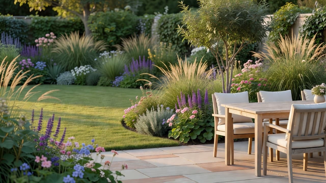 Ein fertig gestalteter Garten in der Abendsonne mit gepflastertem Essplatz, geschwungenem Rasen, geschichteten Beeten aus Gräsern und Stauden und einem kleinen mehrstämmigen Baum