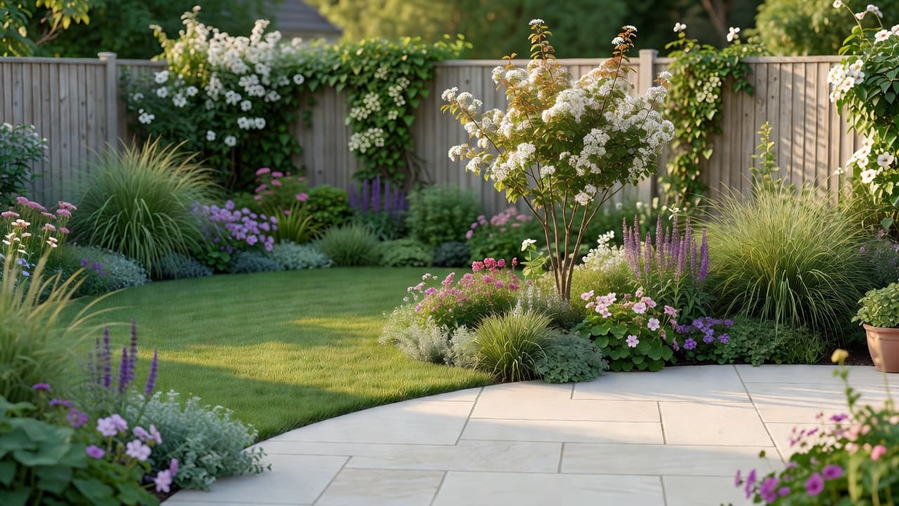 A homeowner comparing garden design software on a laptop with a garden design app on a phone, both showing a redesign of the same real back garden