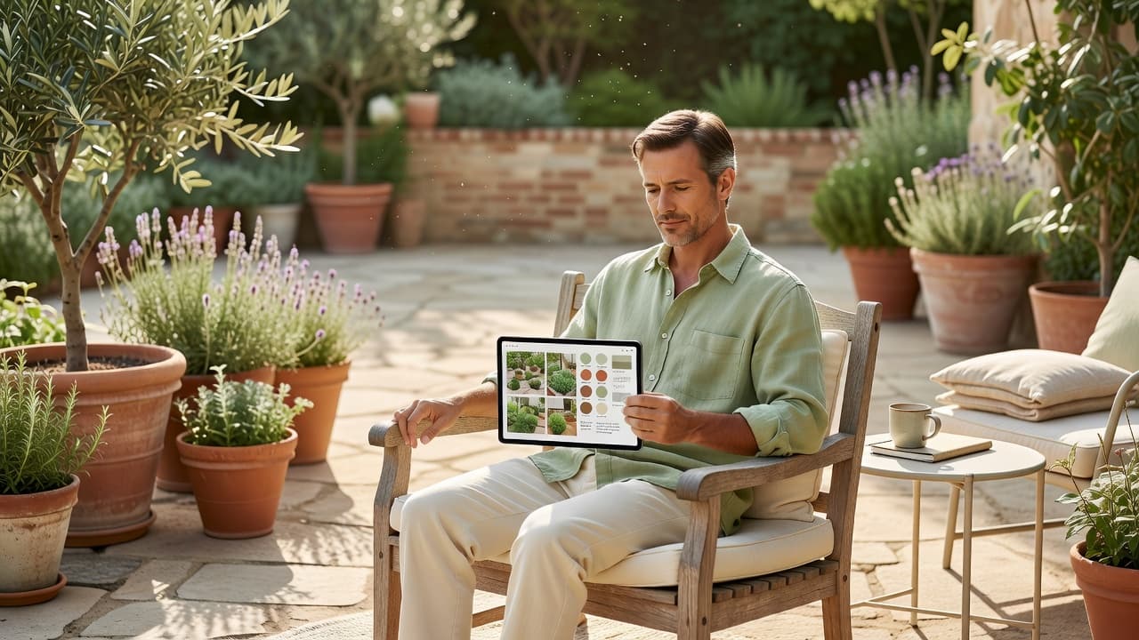 Person reviewing garden design style mood board photos on a tablet outdoors, comparing garden style options