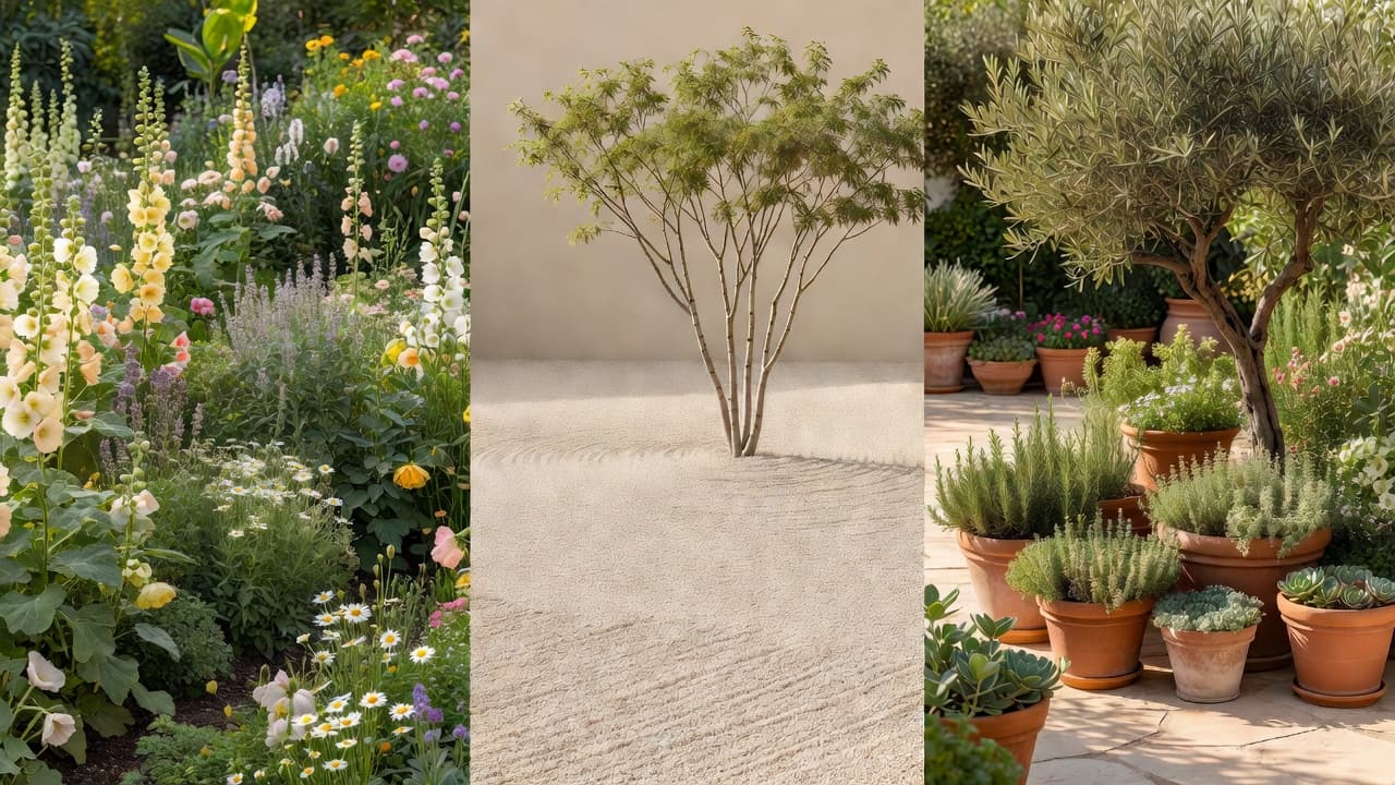 Side-by-side garden design styles: cottage border, minimalist gravel courtyard and Mediterranean terracotta pots with olive tree