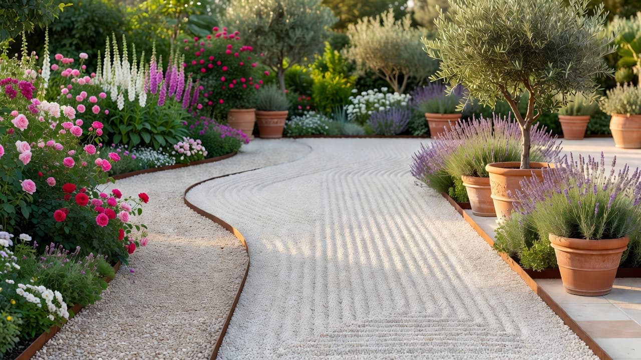 Garden design styles guide: a collage-style garden showing cottage planting, minimalist gravel and Mediterranean terracotta pots