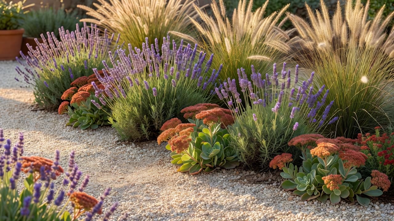 Drought-tolerant Mediterranean-style planting for 2026 garden trends, with lavender, sedum and gravel mulch