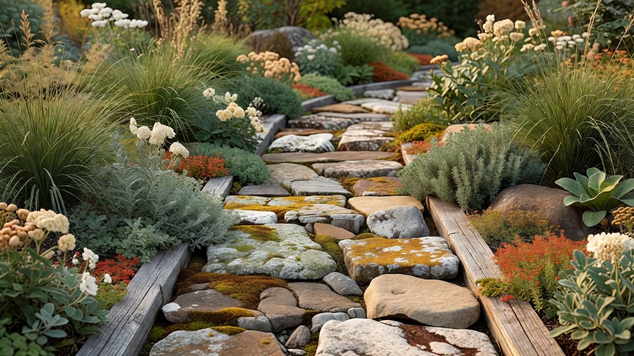 Wabi-sabi reclaimed materials in 2026 garden design, weathered natural stone path and reused timber edging