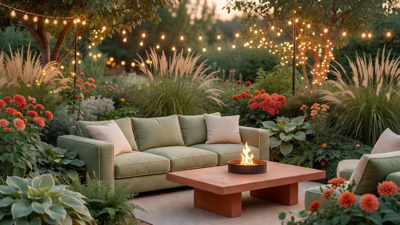 Outdoor living room as a 2026 garden design trend, with a fire feature, weatherproof seating and warm evening lighting