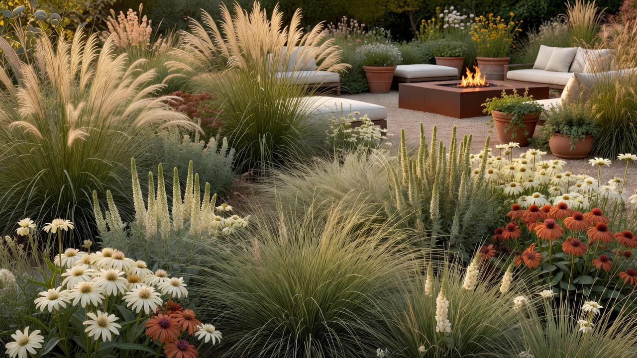 Garden design trends 2026: a naturalistic matrix-planted border with grasses and perennials leading to a warm outdoor living area