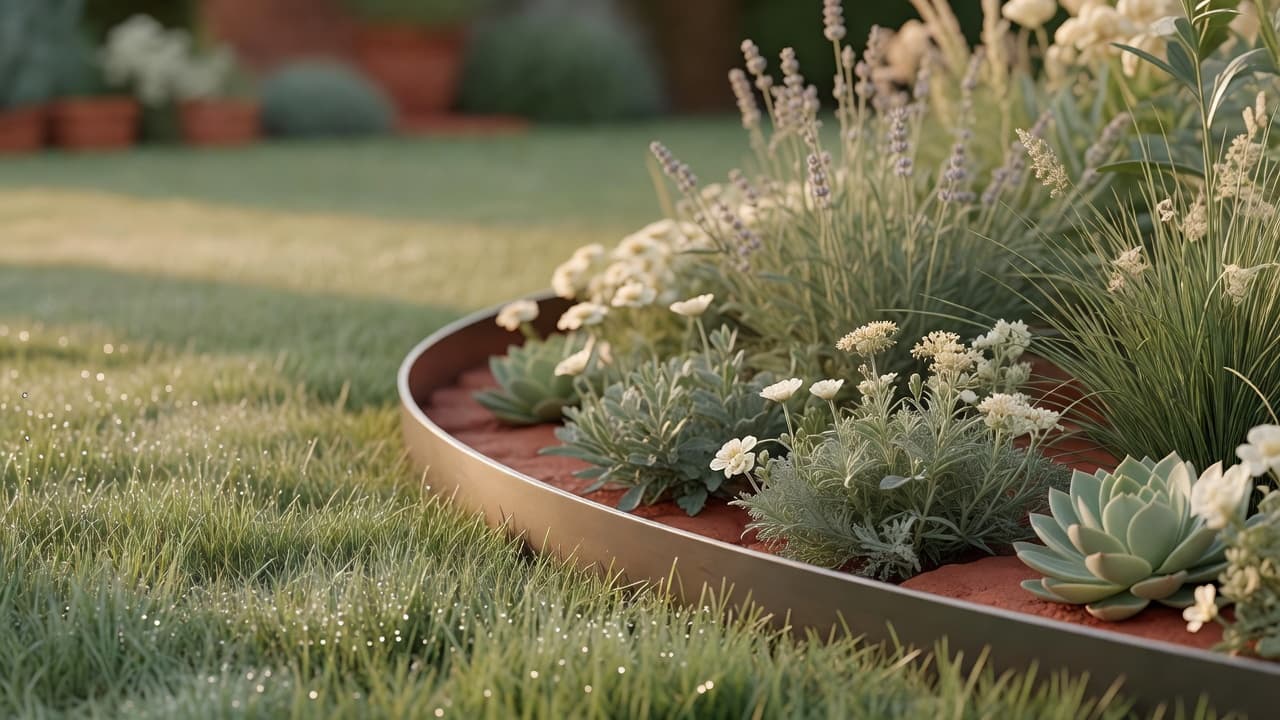 Close-up of thin steel garden edging holding a smooth curved line between a lawn and a planted border