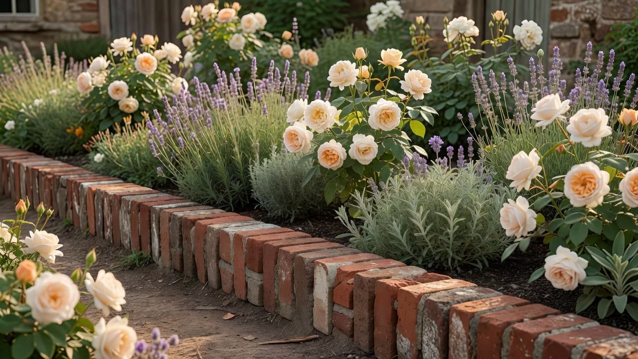 Reclaimed brick garden edging set on end in a soldier course beside a cottage garden border of roses and lavender