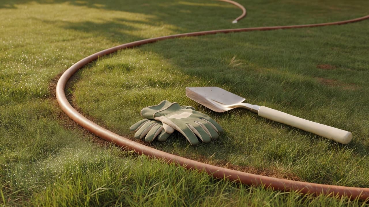 A garden hose laid out on a lawn to mark a curved edging line before cutting, seen from above