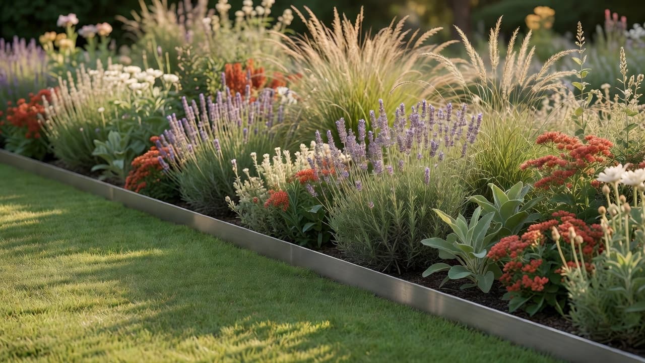 Garden edging ideas shown as a crisp steel edge separating a lawn from a mixed perennial border