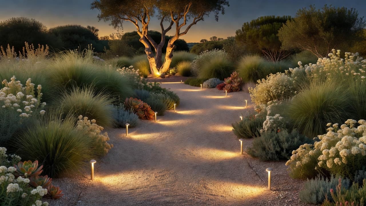 Low-voltage path lights and uplit specimen tree showing the layered approach to garden lighting design