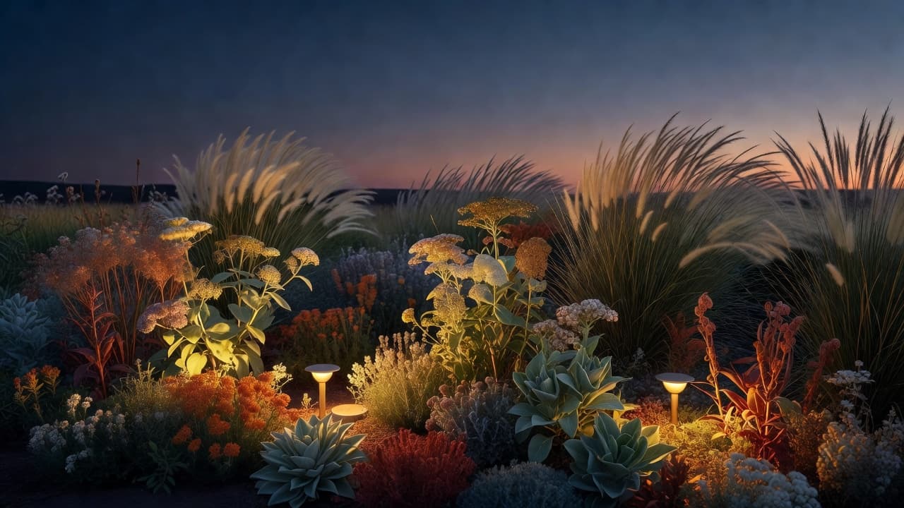 Warm 2700K garden lighting on a planted border, shielded fixtures aimed downward to reduce light pollution