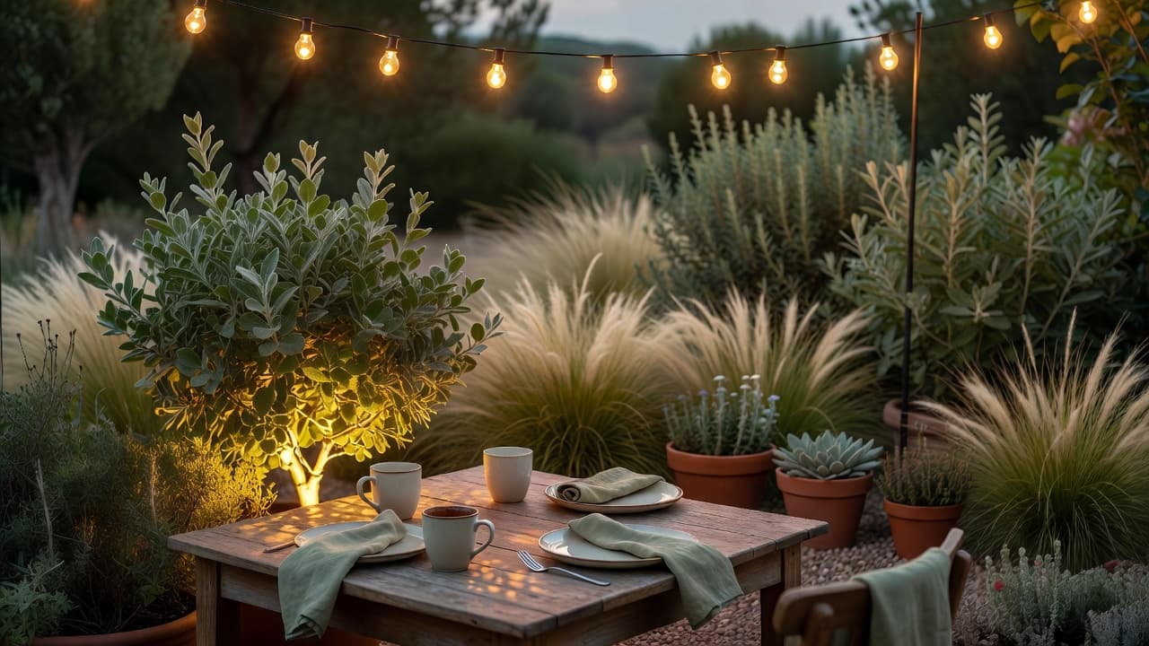 Garden lighting design placement on a small patio: string lights over a dining area and a single uplit shrub