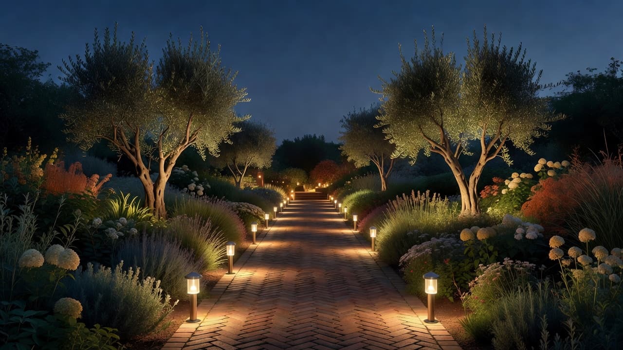 Garden lighting design at dusk: warm low-voltage path lights leading to a lit patio with uplit trees either side