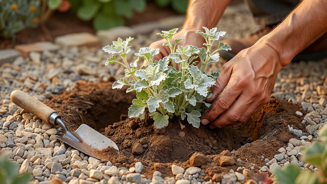 Plantation d’une vivace résistante à la sécheresse directement dans du gravier ouvert, sans bâche anti-mauvaises herbes en dessous