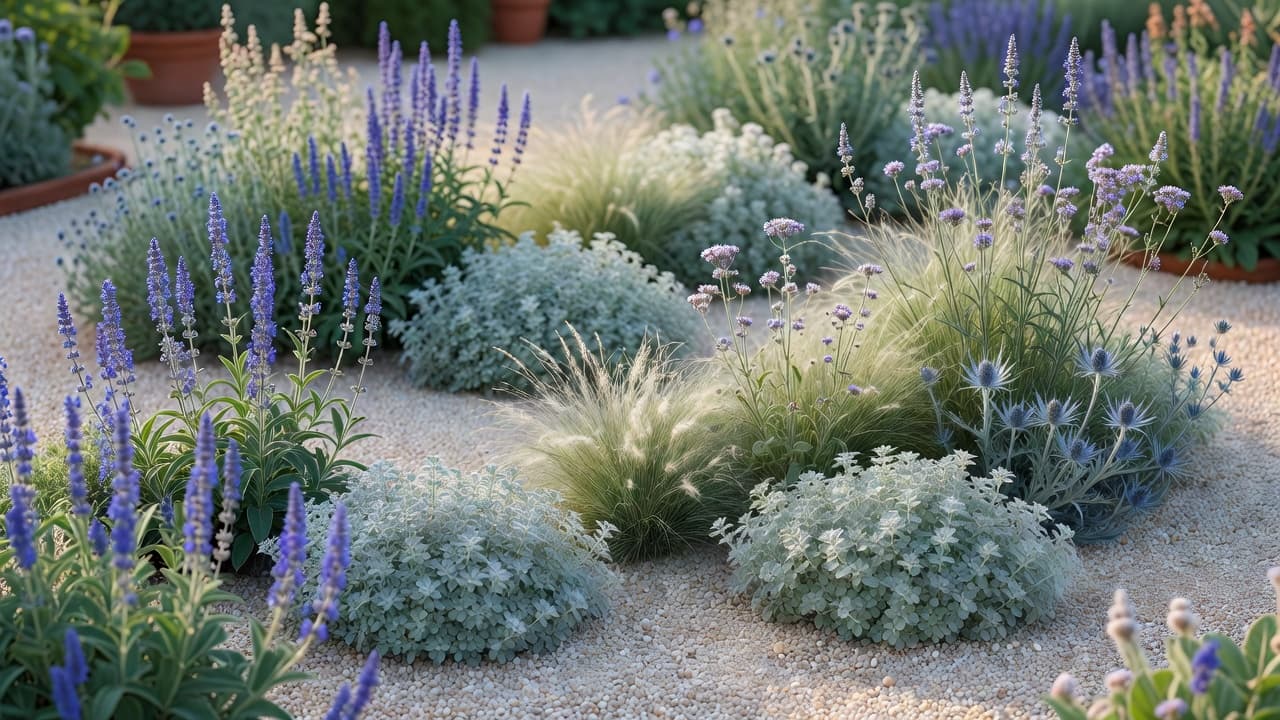 Plantes de jardin de gravier dont sauge de Russie, panicaut, lavande et stipa poussant en touffes dans le gravier