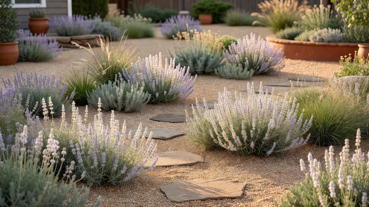 Gravel garden design with drought-tolerant perennials and grasses planted in loose drifts through open gravel